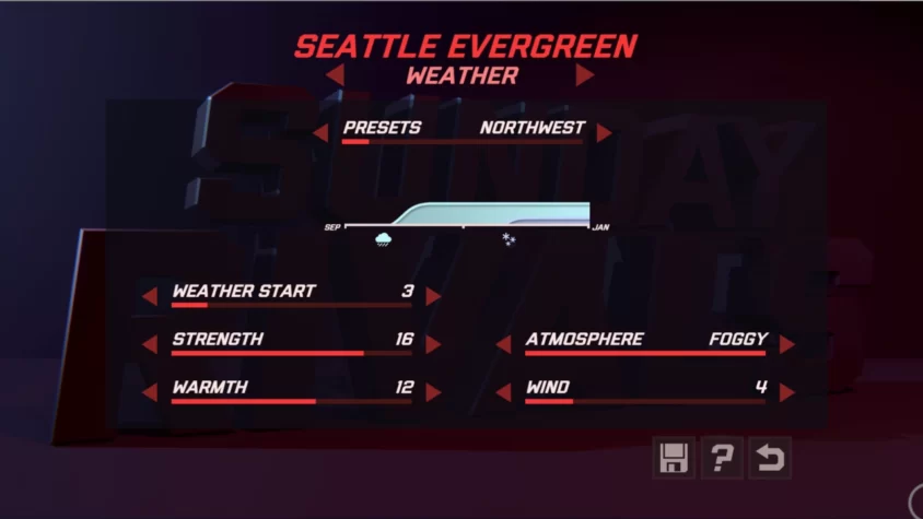 Меню настройки погоды для команды Seattle Evergreen с туманом и осадками