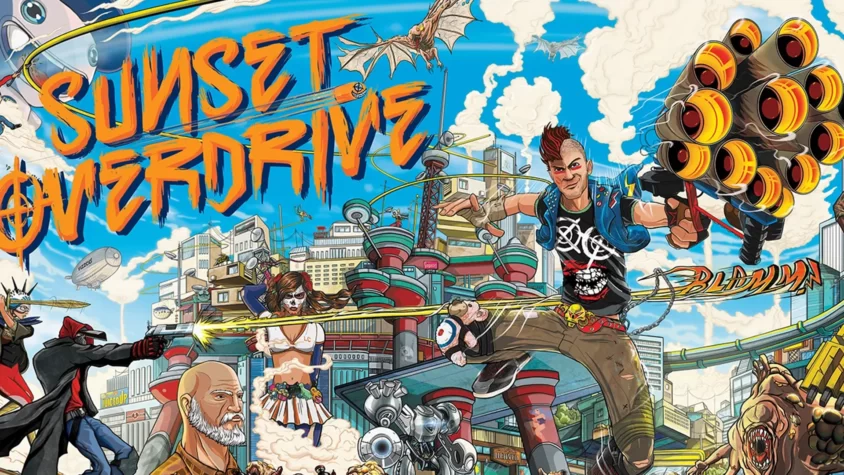 Sunset Overdrive - обложка игры Обложка игры Sunset Overdrive с персонажами, пушками и динамичной атмосферой хаоса