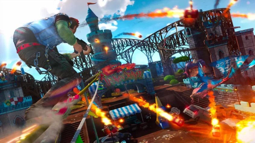 Персонаж в Sunset Overdrive стреляет из пушек на фоне фейерверков и замка
