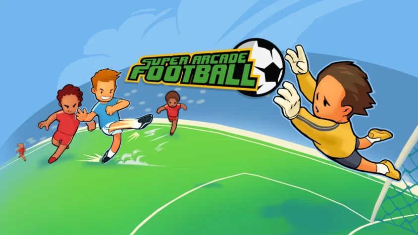 Обложка игры Super Arcade Football, где игроки на поле в ярких футболках пытаются забить гол в ворота