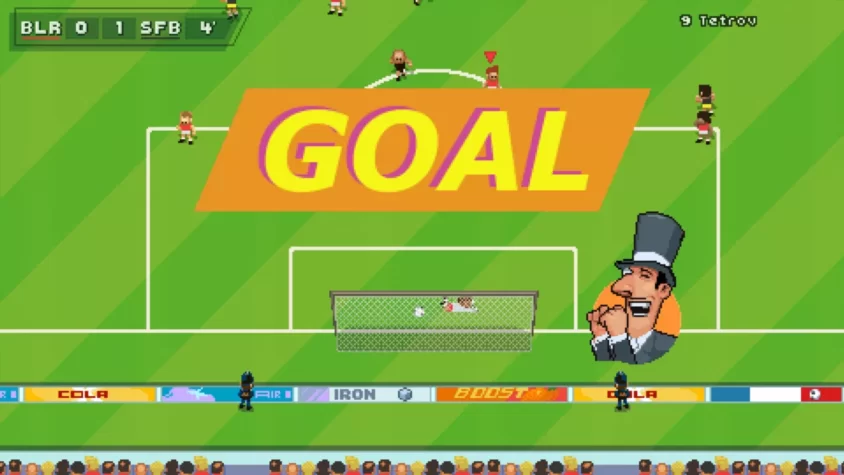 Момент из игры Super Arcade Football: гол забит, а поле радуется с огромным баннером 'GOAL' и зрелищным образом