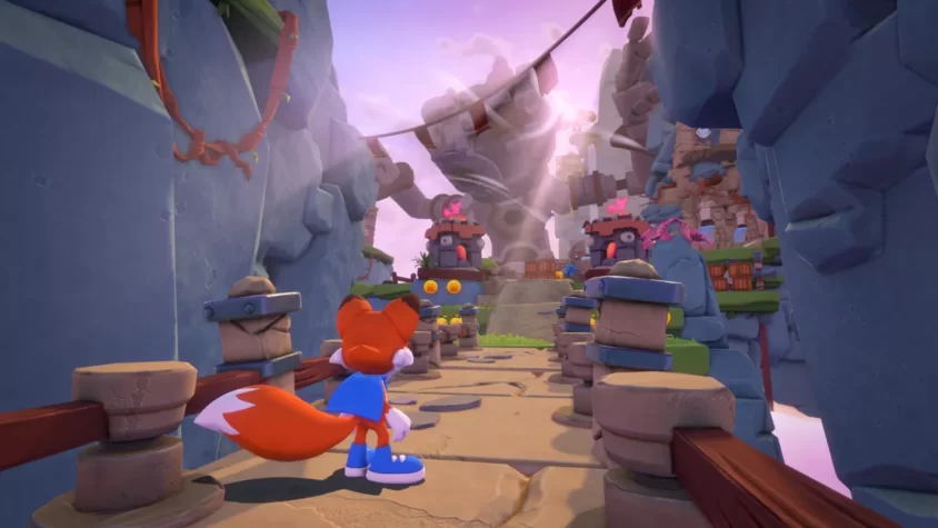 Лаки осматривает путь в мире Super Lucky’s Tale, готовясь к следующему вызову