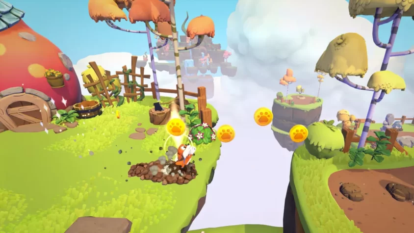 Лаки исследует платформы в облаках, пытаясь не упасть в пропасть в Super Lucky’s Tale