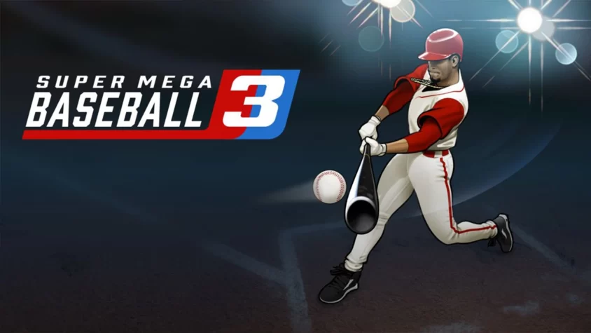 Super Mega Baseball 3: Превосходная база, суперсмешной бейсбол Обложка игры Super Mega Baseball 3 с изображением игрока в белой форме, который готовится ударить мяч