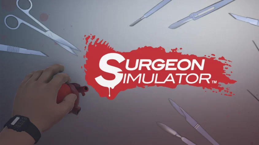 Обложка игры Surgeon Simulator Cover игры Surgeon Simulator с красным лого и хирургическими инструментами на фоне