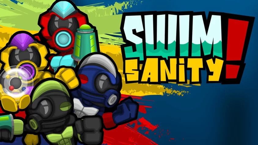 Обложка игры Swimsanity, на которой изображены персонажи в цветных скафандрах и название игры