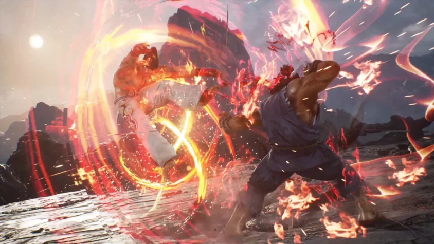 Кадр из игры TEKKEN 7 с персонажами, сражающимися в окружении огня и разрушений
