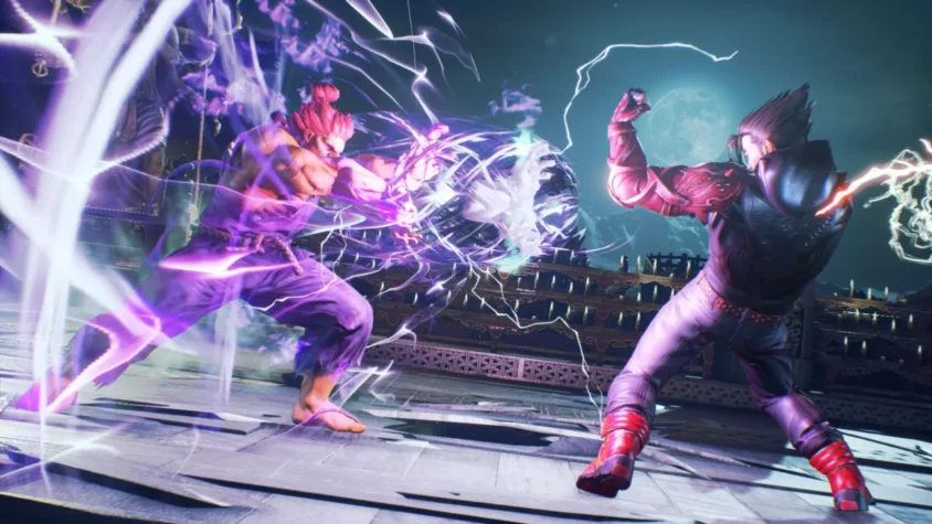 Кадр из игры TEKKEN 7, где персонажи используют молниеносные атаки в яростной битве