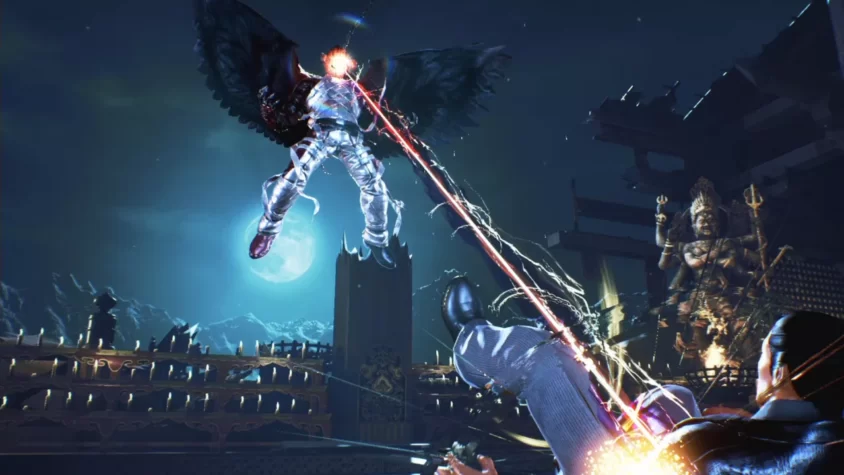 Кадр из игры TEKKEN 7, где Мишима наносит удар своему противнику, используя электрические и лазерные атаки