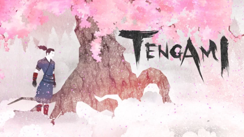 Обложка игры Tengami с изображением персонажа под цветущим деревом сакуры