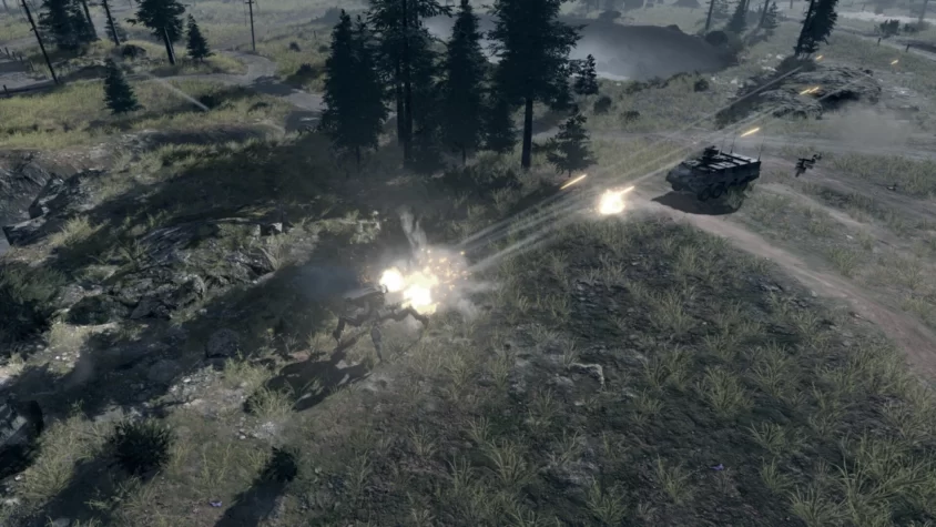 Боевая сцена из Terminator: Dark Fate - Defiance с атакующим дроном и бронетехникой посреди лесистой местности