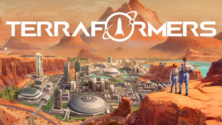 Terraformers: Начало колонизации Марса Обложка игры Terraformers, показывающая город на Марсе