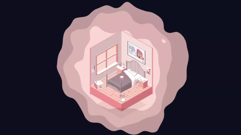 Сцена из игры The Almost Gone, где изображена комната с кроватью и книгами
