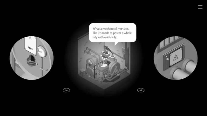 Сцена из игры The Almost Gone, где изображен гигантский механический аппарат с трубами и кнопками
