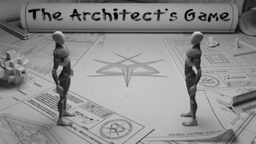 Две андроидоподобные фигуры изучают чертежи на фоне надписи The Architect's Game