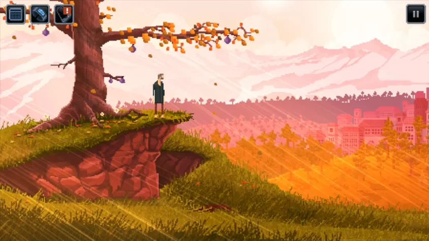 Пейзаж из игры The Captain: человек стоит на обрыве, наслаждаясь видом, с неким чувством 'что я здесь вообще делаю?'