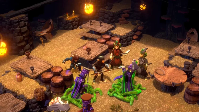 Персонажи сражаются с врагами в таверне в The Dark Crystal: Age of Resistance Tactics