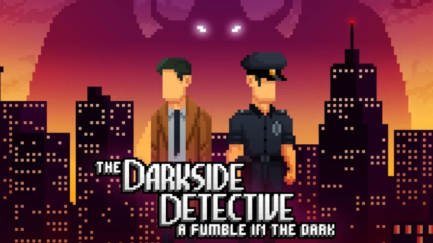 The Darkside Detective: A Fumble in the Dark Обложка игры The Darkside Detective: A Fumble in the Dark, с двумя персонажами на фоне города и зловещими глазами в небе