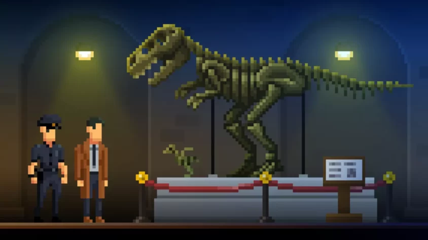 Персонажи игры The Darkside Detective в музее динозавров