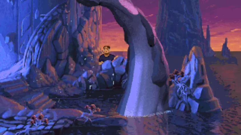 Герой игры на фоне странного гигантского существа, напоминающего динозавра, с причудливым ландшафтом