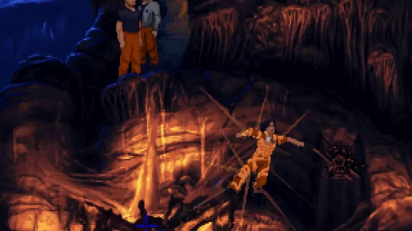 Два персонажа на фоне таинственного монстра, висящего в пещере с огненными потоками