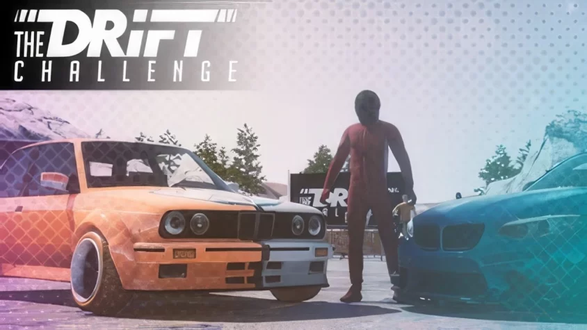 Обложка игры The Drift Challenge с двумя дрифтующими машинами и персонажем в костюме