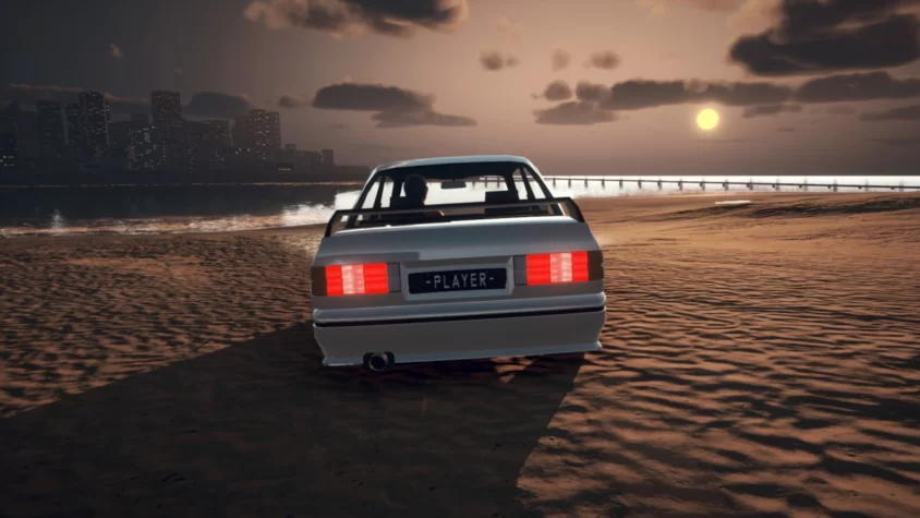 Машина с номером PLAYER на фоне заката и пляжа в игре The Drift Challenge