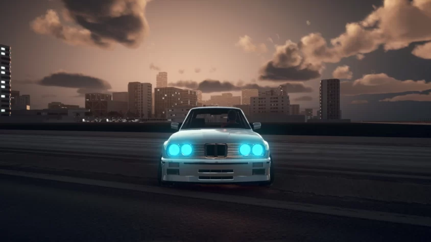 Машина с синими фарами на фоне городского пейзажа в игре The Drift Challenge