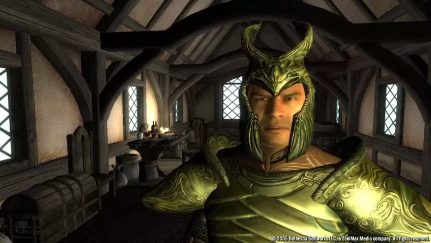 Персонаж в зелёной броне в The Elder Scrolls IV: Oblivion. Этот шлем — больше, чем просто часть брони, это ещё и лучшее средство для того, чтобы точно не заметить, что ты не научился правильно текстуры прорисовывать.