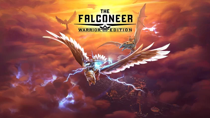 Обложка игры The Falconeer с боевыми птицами в небе на фоне заката