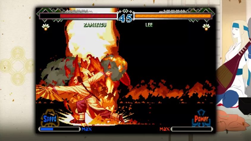 Жаркая битва в The Last Blade 2: Занетсу использует огненный удар против Ли