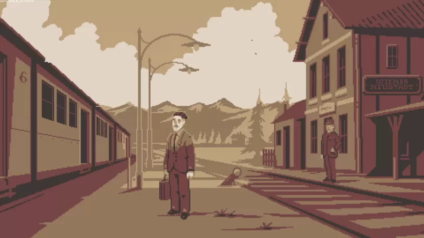 Персонаж на платформе, ожидающий поезда в игре The Lion's Song