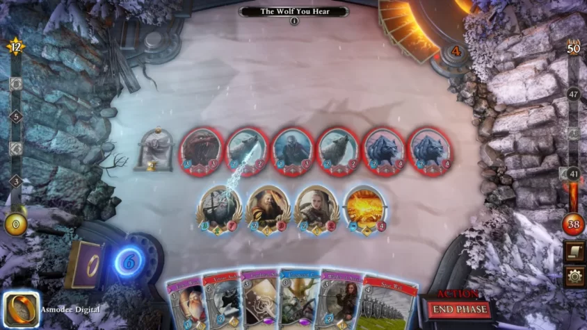 Игровой процесс в The Lord of the Rings: Living Card Game, где на поле карты с волками и героями