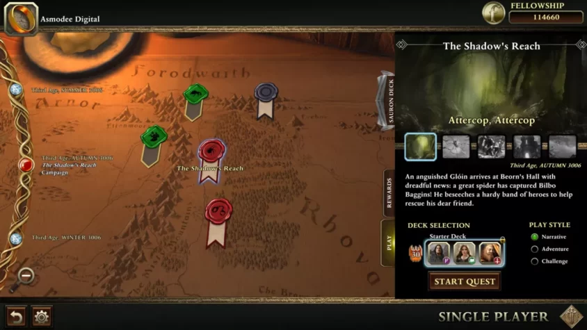 Карта из игры The Lord of the Rings: Living Card Game с выбором кампании и героев