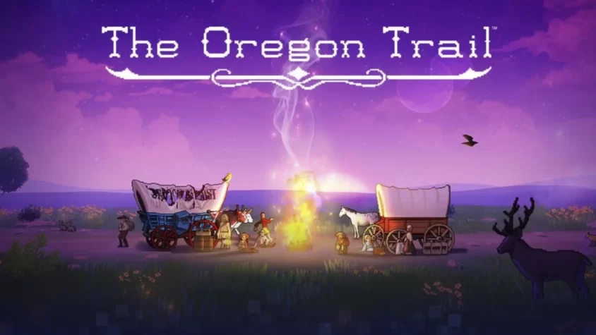 Обложка игры The Oregon Trail, с изображением двух караванов у костра на фоне заката