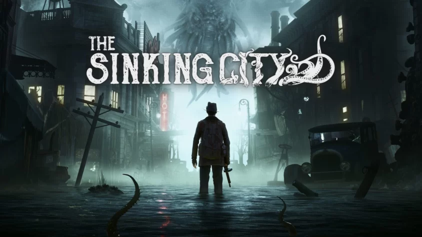 Обложка игры The Sinking City с персонажем на фоне затопленного города