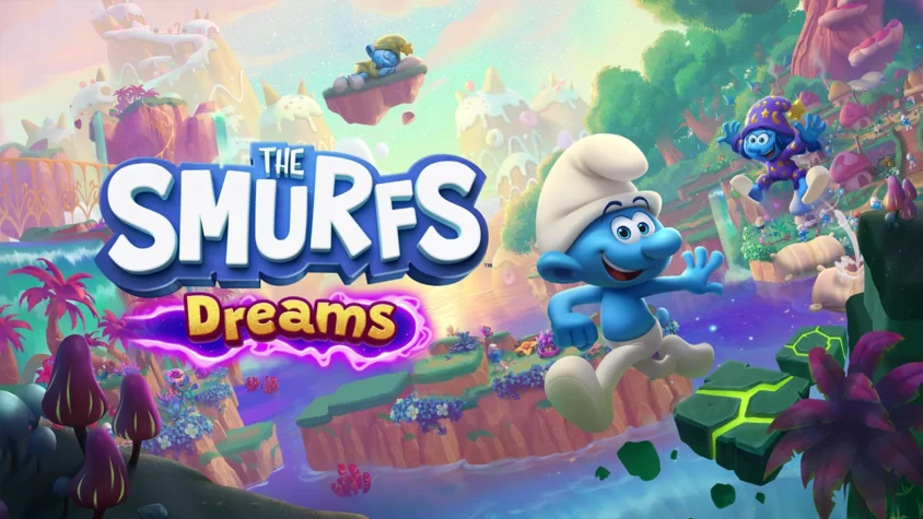 Обложка игры The Smurfs – Dreams, где смурфики путешествуют по фантасмагорическому миру с милыми облаками и растениями
