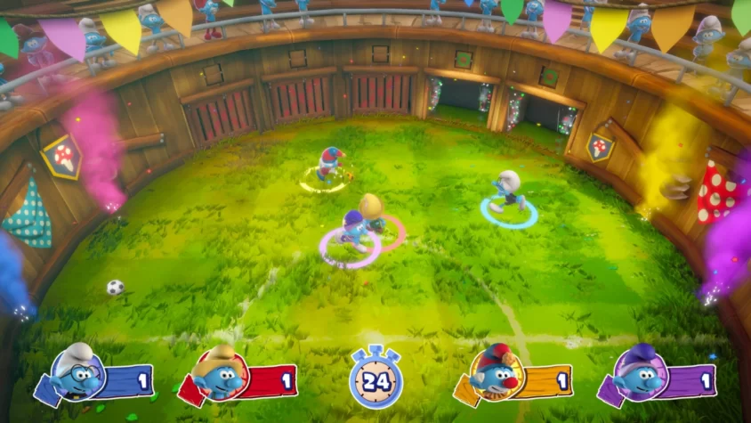 Игровой процесс The Smurfs - Village Party: футбол с синими человечками в красочной арене