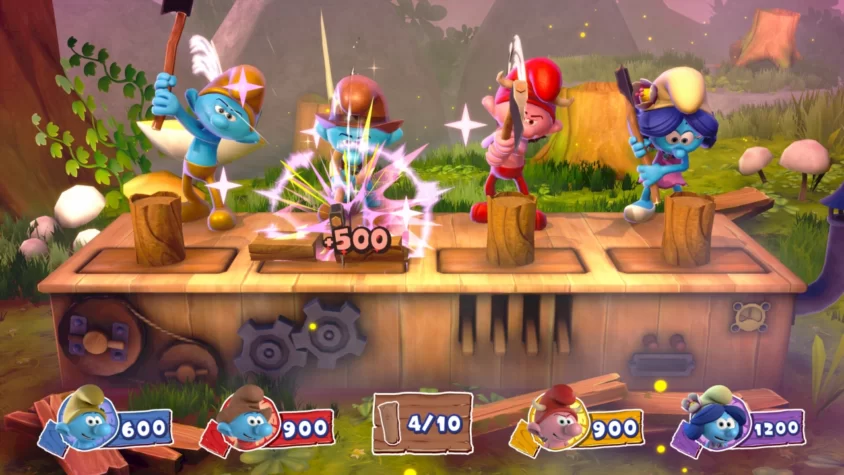 Игровой процесс The Smurfs - Village Party: синие человечки рубят бревна с помощью молота