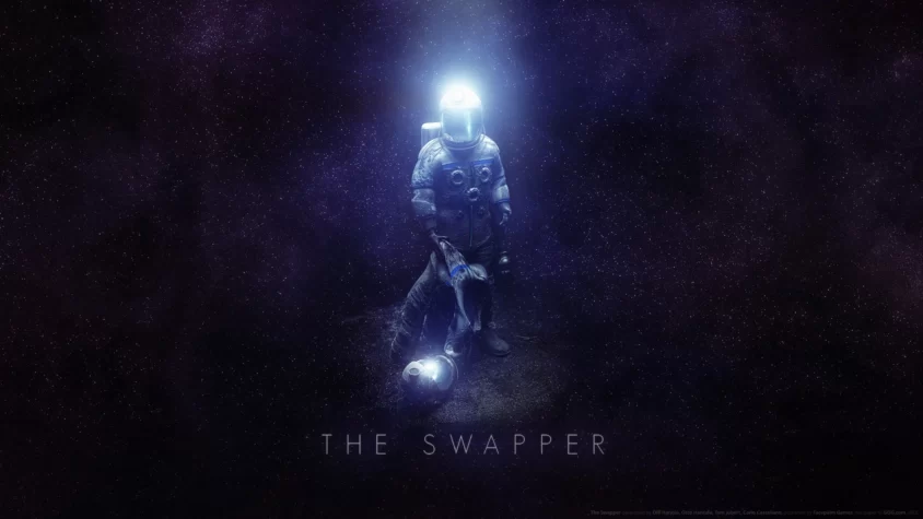 The Swapper Космонавт в скафандре стоит на фоне космоса, держа в руках другой шлем