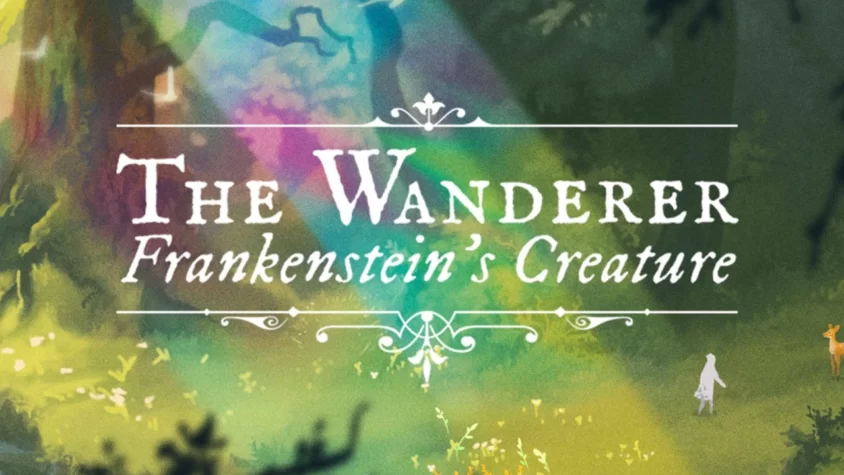 Обложка игры The Wanderer: Frankenstein's Creature, на которой изображены яркие цвета и персонажи, идущие по лесу