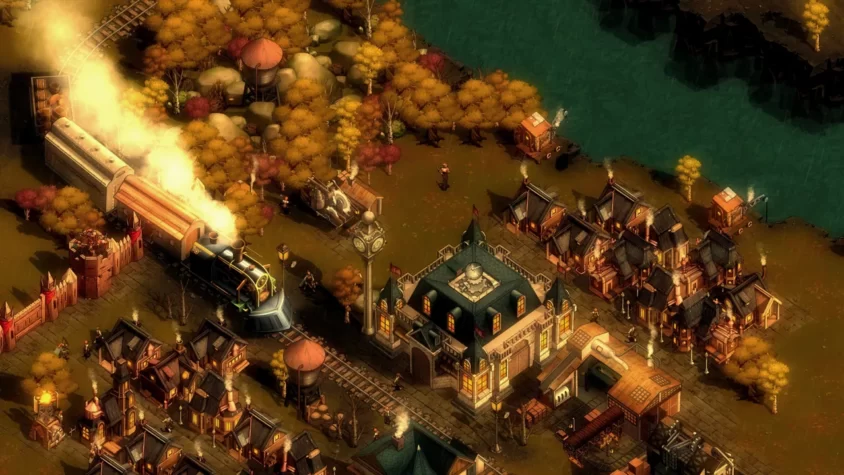 Город с поездами и промышленной атмосферой в игре They Are Billions