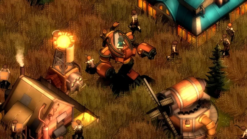 Механический гигант на фоне деревенского пейзажа в игре They Are Billions