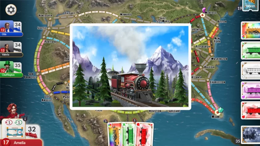 Игровой процесс в 'Ticket to Ride' с изображением поезда на фоне гор и карты с маршрутом