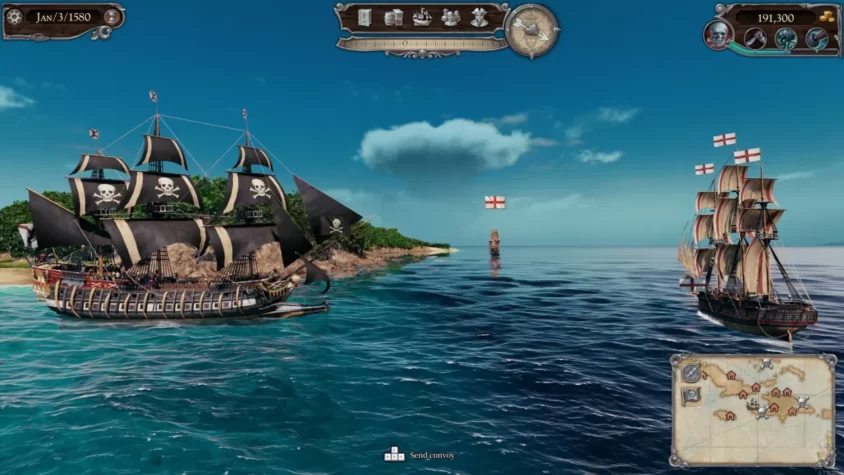 Пиратский корабль в игре Tortuga - A Pirate's Tale, передвижение по открытому морю