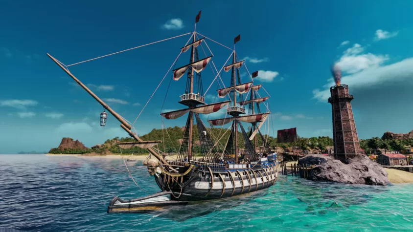 Пиратский корабль с черепом на носу, приближается к пирсу в Tortuga - A Pirate's Tale