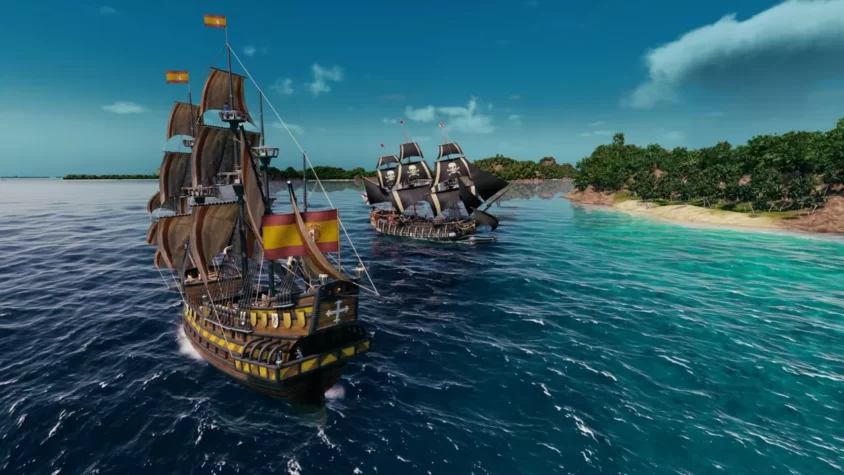 Испанский и пиратский корабли в игре Tortuga - A Pirate's Tale, готовятся к столкновению