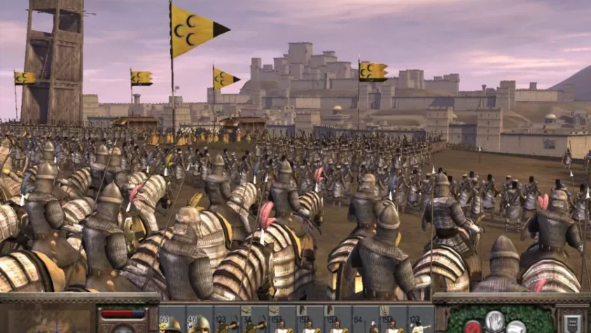 Поле битвы с армией в игре Total War: Medieval II, вдалеке виден замок