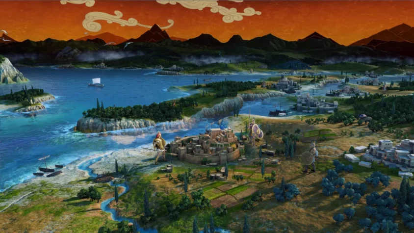Вид на мир Total War Saga: Troy — города, корабли и зелёные просторы, которые скоро станут полем битвы