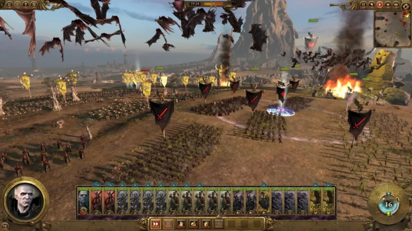 Сражение в Total War: Warhammer, армии с флагами и летучими монстрами